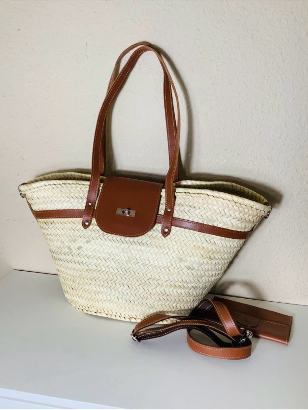 Moroccan Handmade straw french baskets with removable leather straps -Size Large - Picture 12 of 13